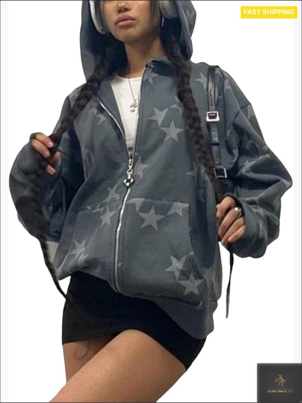Oversized Zip Up Hoodie Y2k Star Graphic Grunge Streetwear Sweatshirt Jacket